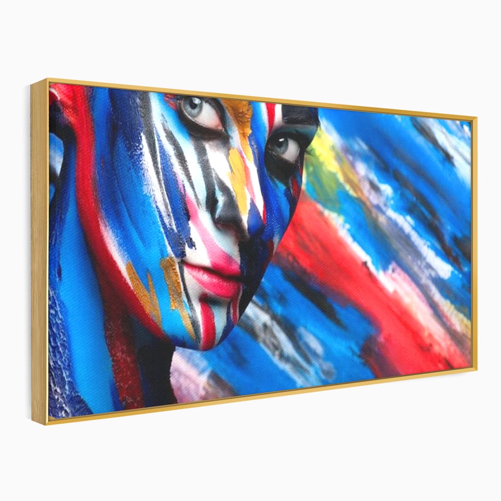 Tablou canvas cu tablou canvas cu fata de femeie pictata, in rama de aluminiu auriu